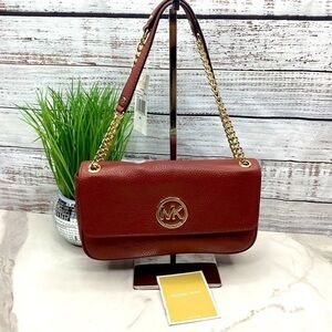 MICHAEL KORS FULTON‎ BAG BROWN BRICK SHOULDER HAND FLAP LEATHER PURSE FALL